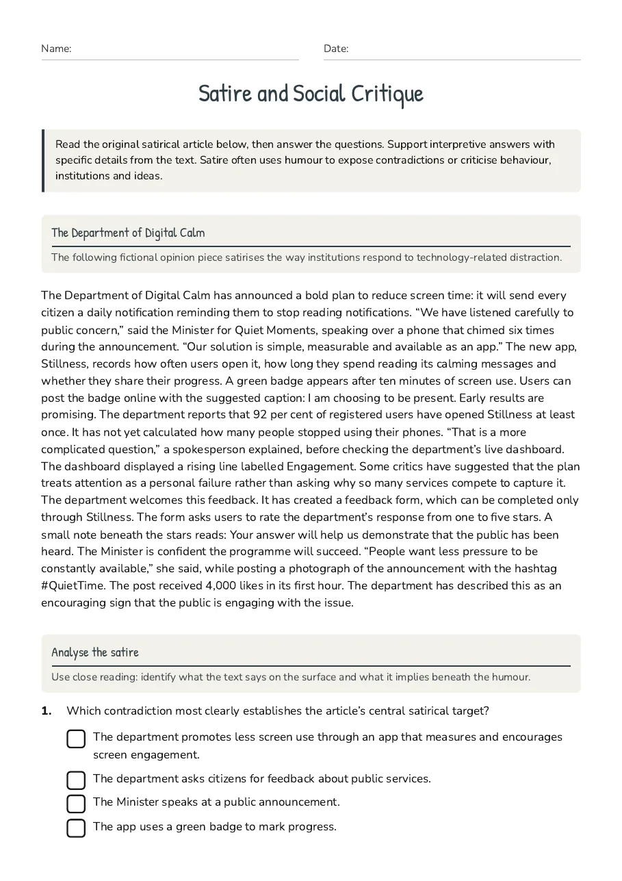 Satire and Social Critique, page 1 of 3: The Department of Digital Calm, Analyse the satire