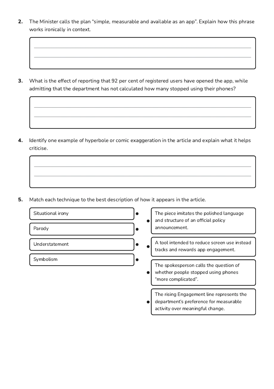 Satire and Social Critique, page 2 of 3: 2. The Minister calls the plan “simple, measurable and available as an app”. Explain how…