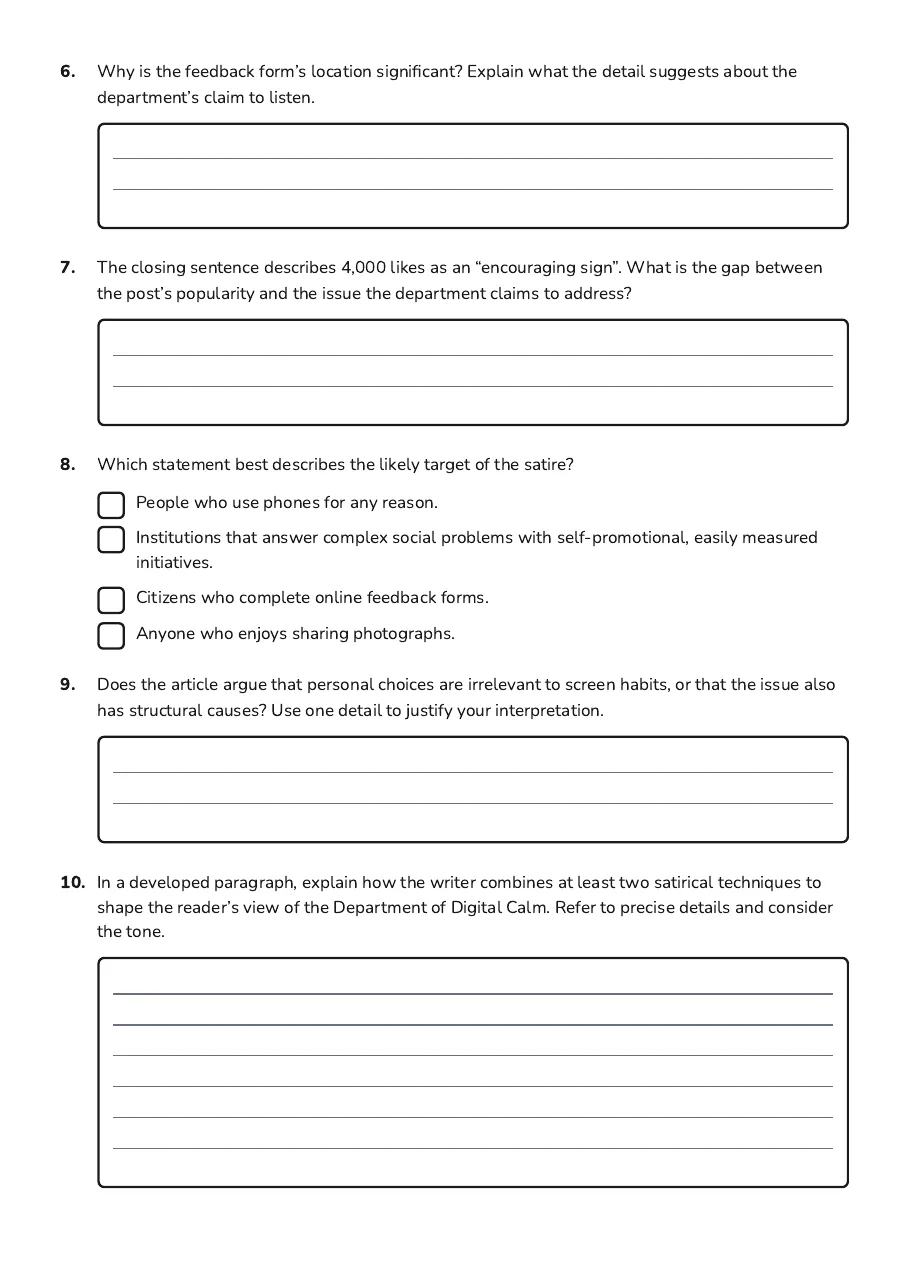 Satire and Social Critique, page 3 of 3: 6. Why is the feedback form’s location significant? Explain what the detail suggests…