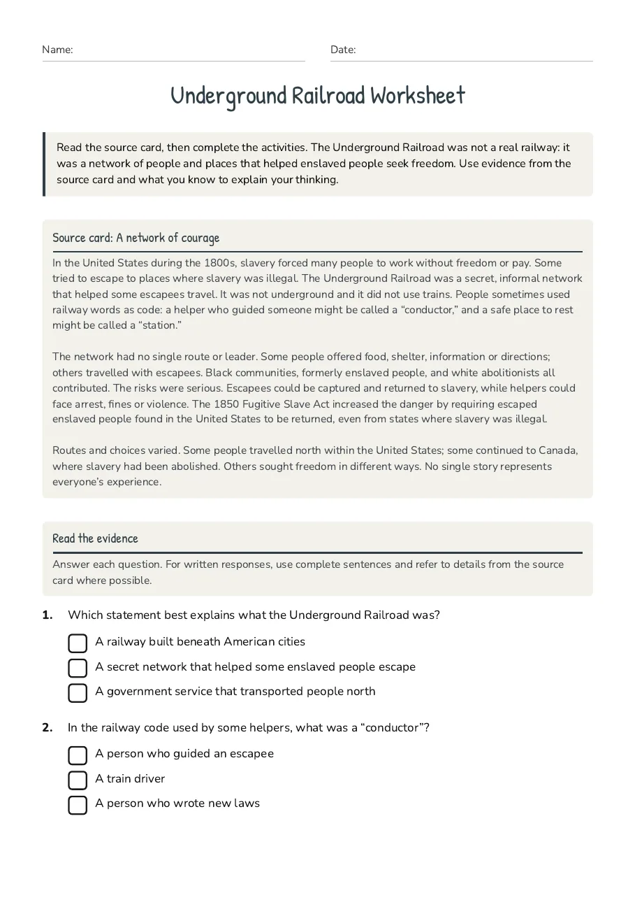 Underground Railroad Worksheet, page 1 of 3: Source card: A network of courage, Read the evidence