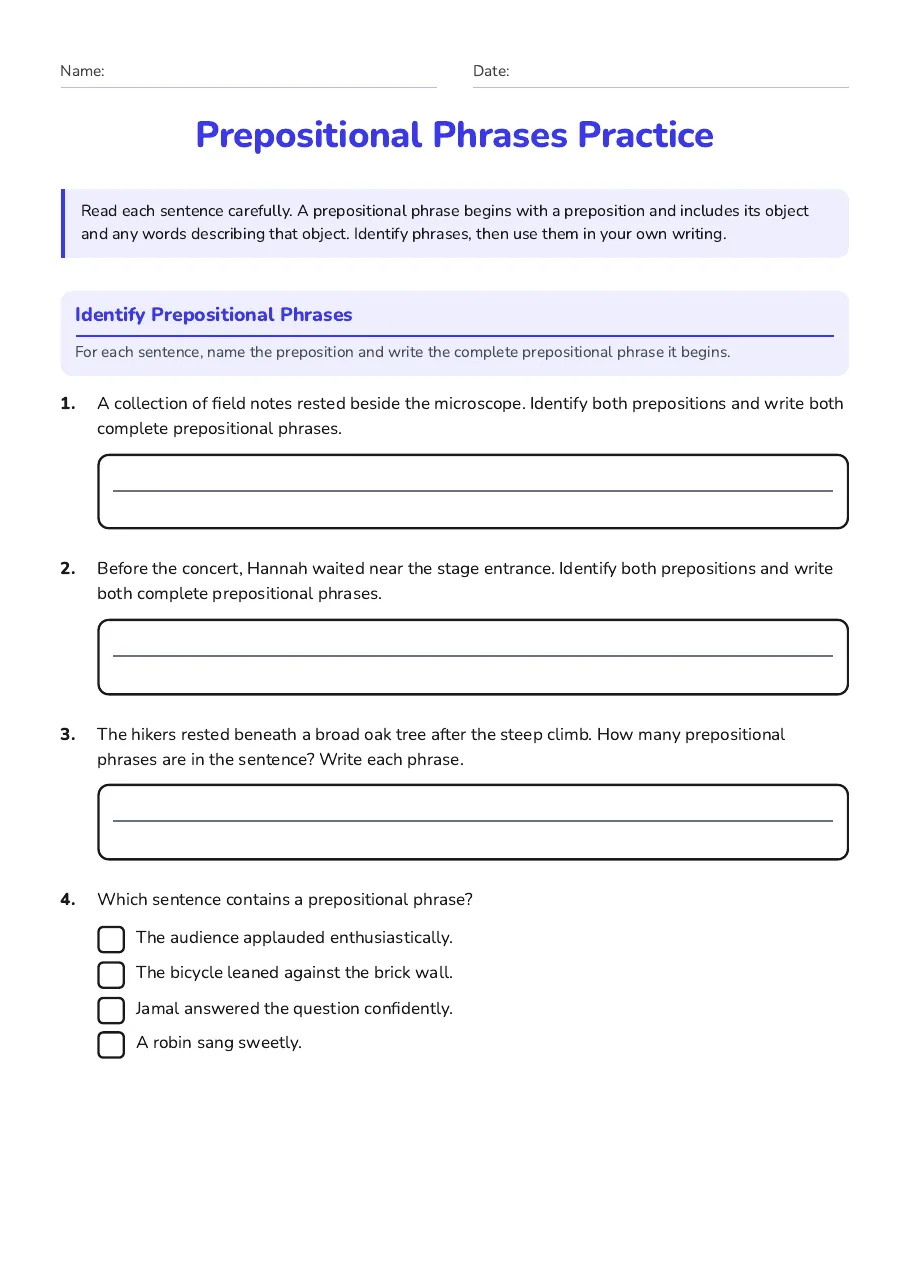 Prepositional Phrases Practice, page 1 of 3: Identify Prepositional Phrases