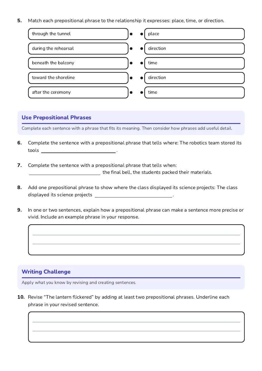 Prepositional Phrases Practice, page 2 of 3: Use Prepositional Phrases, Writing Challenge