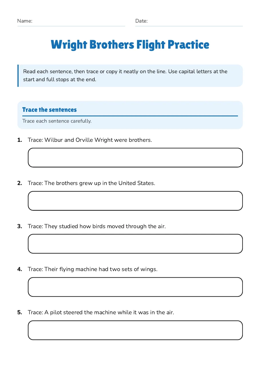 Wright Brothers Flight Practice, page 1 of 3: Trace the sentences
