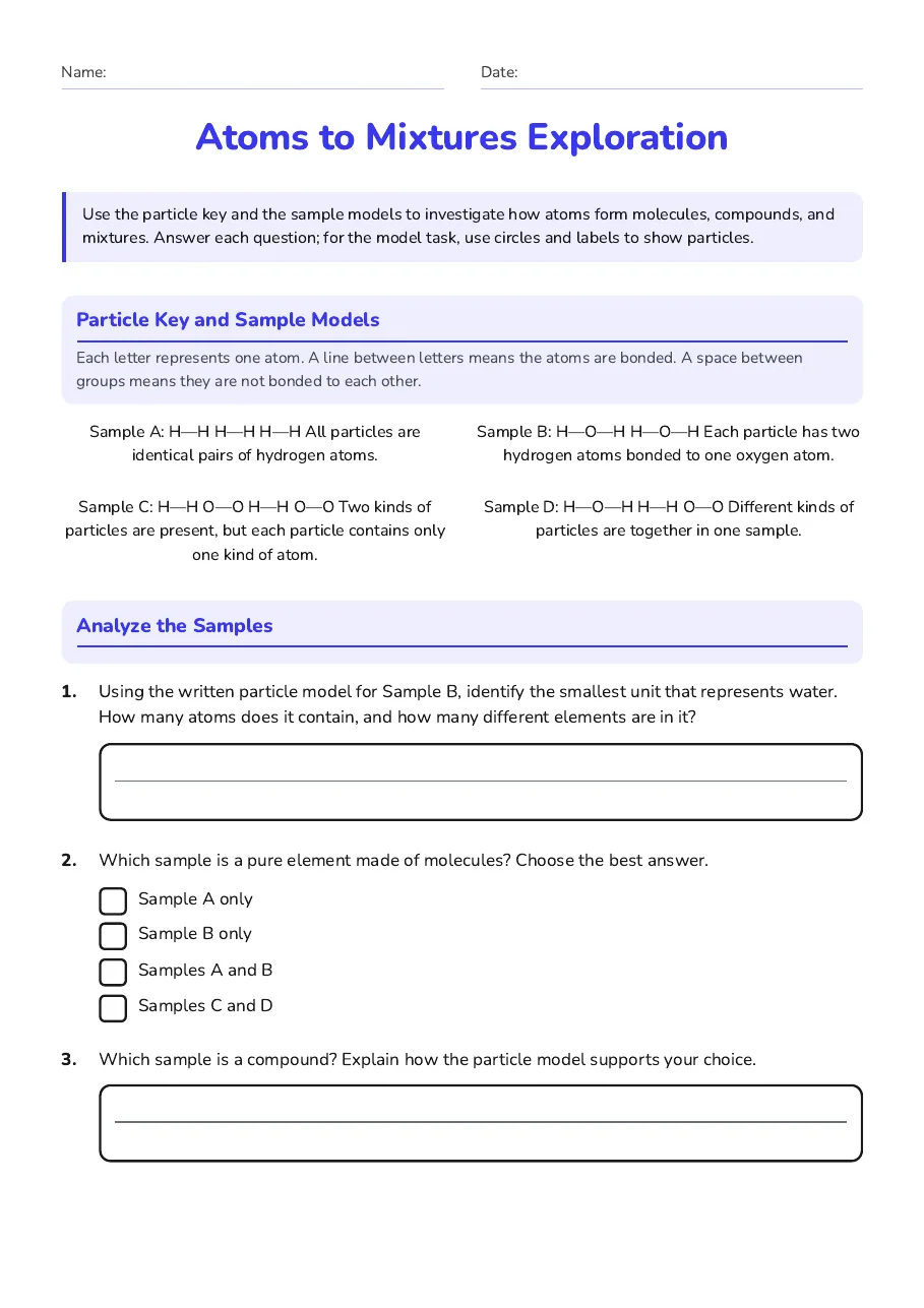 Atoms to Mixtures Exploration, page 1 of 3: Particle Key and Sample Models, Analyze the Samples