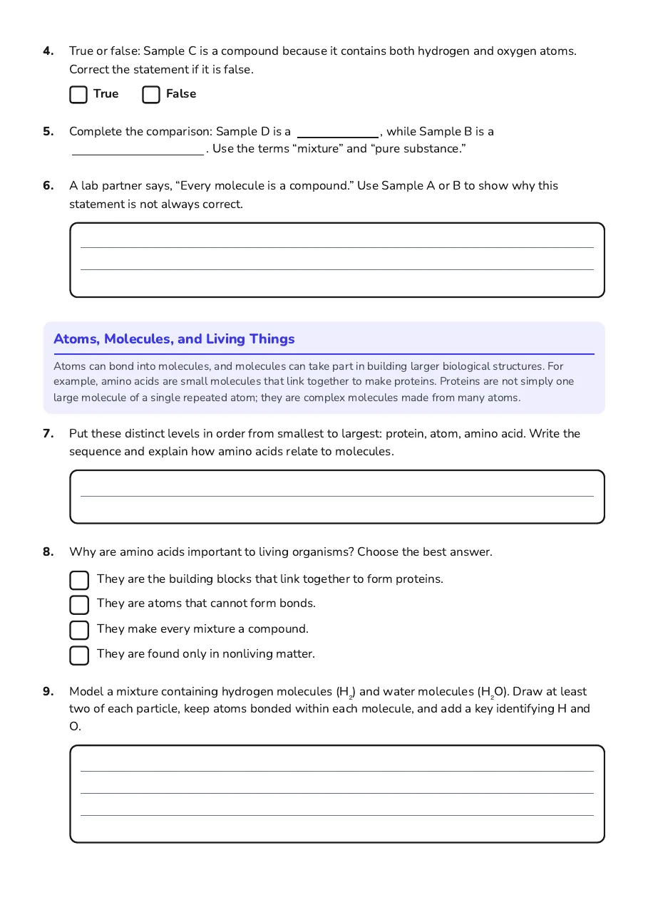 Atoms to Mixtures Exploration, page 2 of 3: Atoms, Molecules, and Living Things