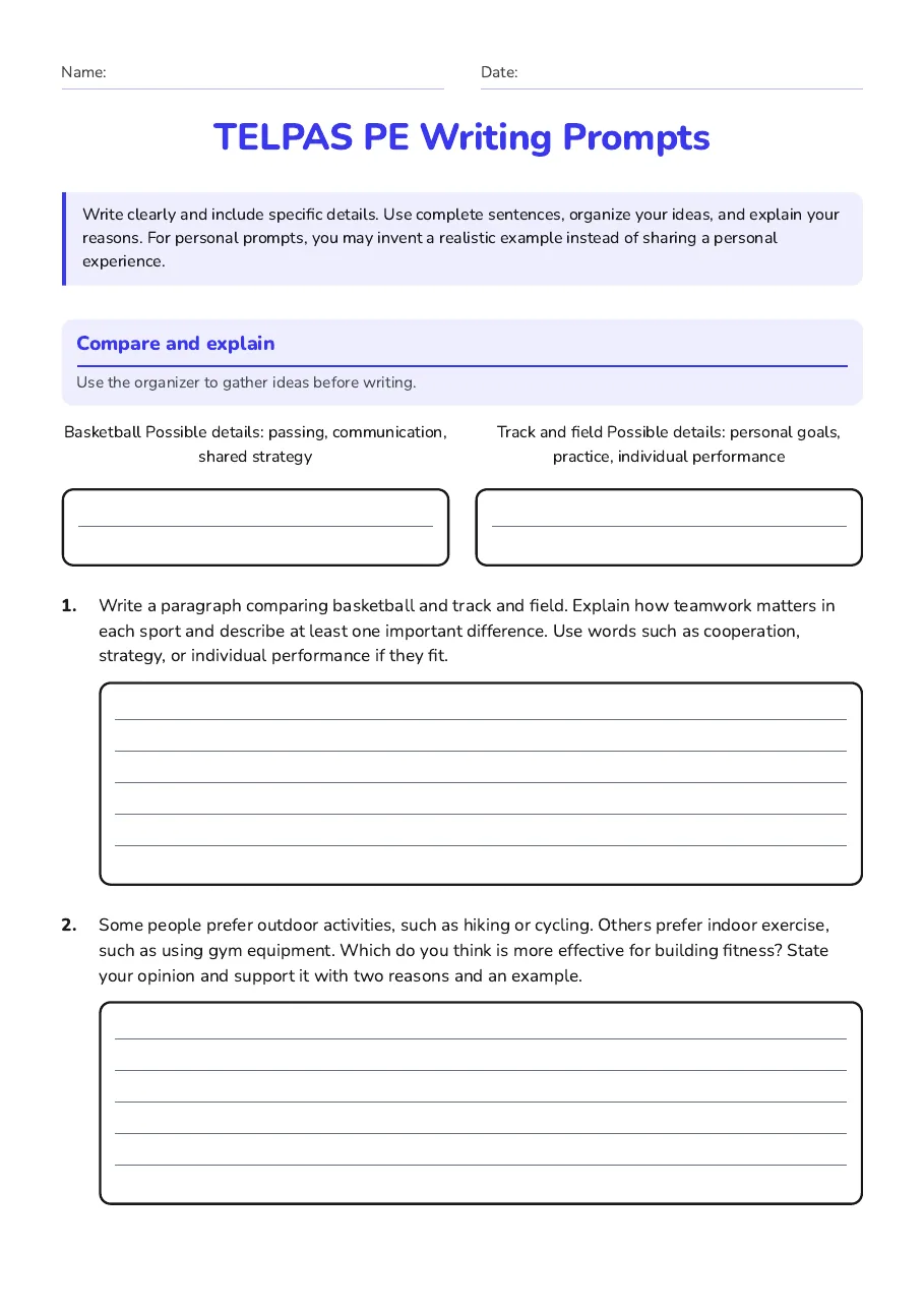 TELPAS PE Writing Prompts, page 1 of 3: Compare and explain