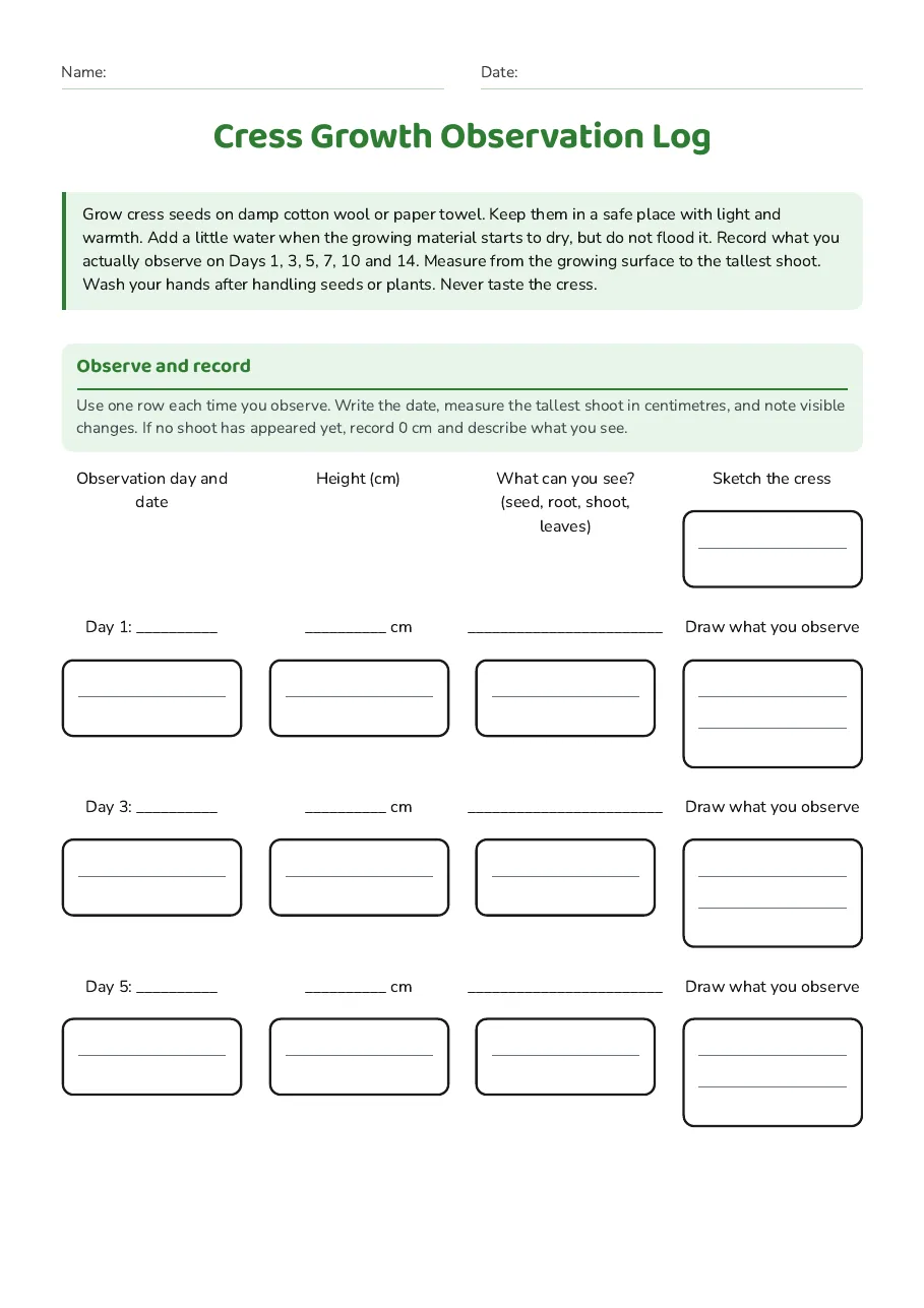 Cress Growth Observation Log, page 1 of 3: Observe and record