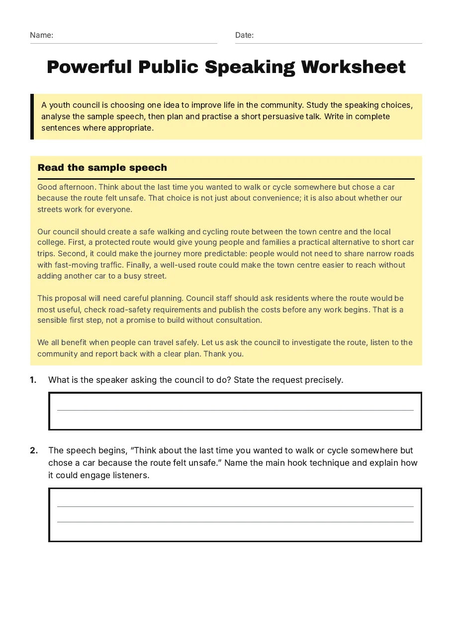 Powerful Public Speaking Worksheet, page 1 of 3: Read the sample speech