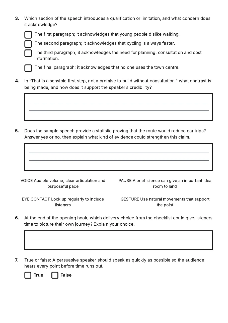 Powerful Public Speaking Worksheet, page 2 of 3: 3. Which section of the speech introduces a qualification or limitation, and what concern…
