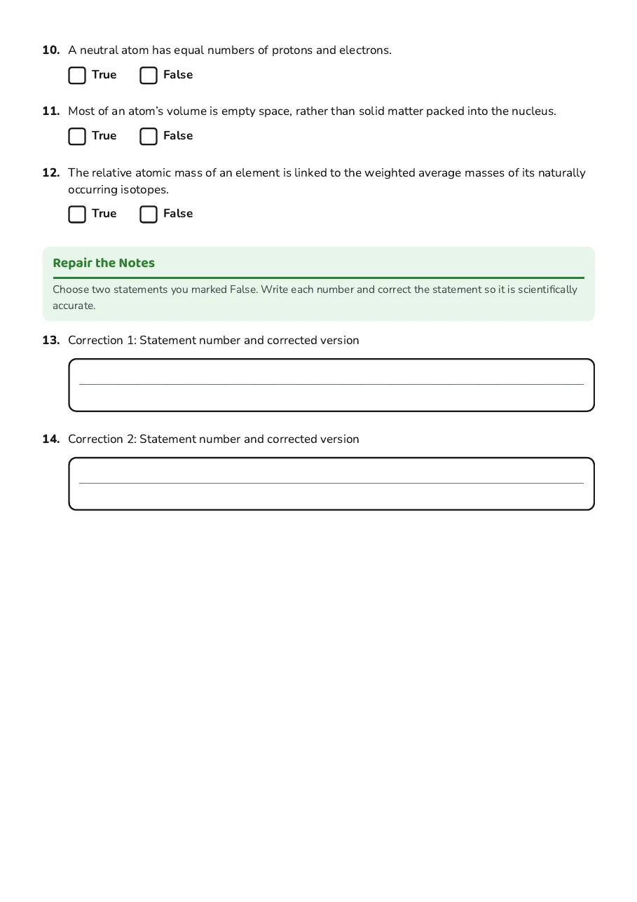 Atomic Structure True-False, page 2 of 2: Repair the Notes