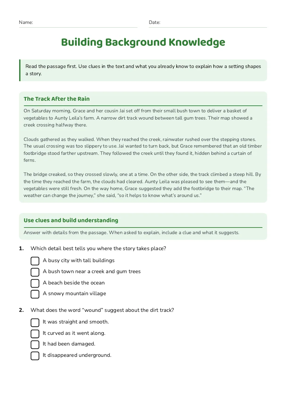 Building Background Knowledge, page 1 of 3: The Track After the Rain, Use clues and build understanding