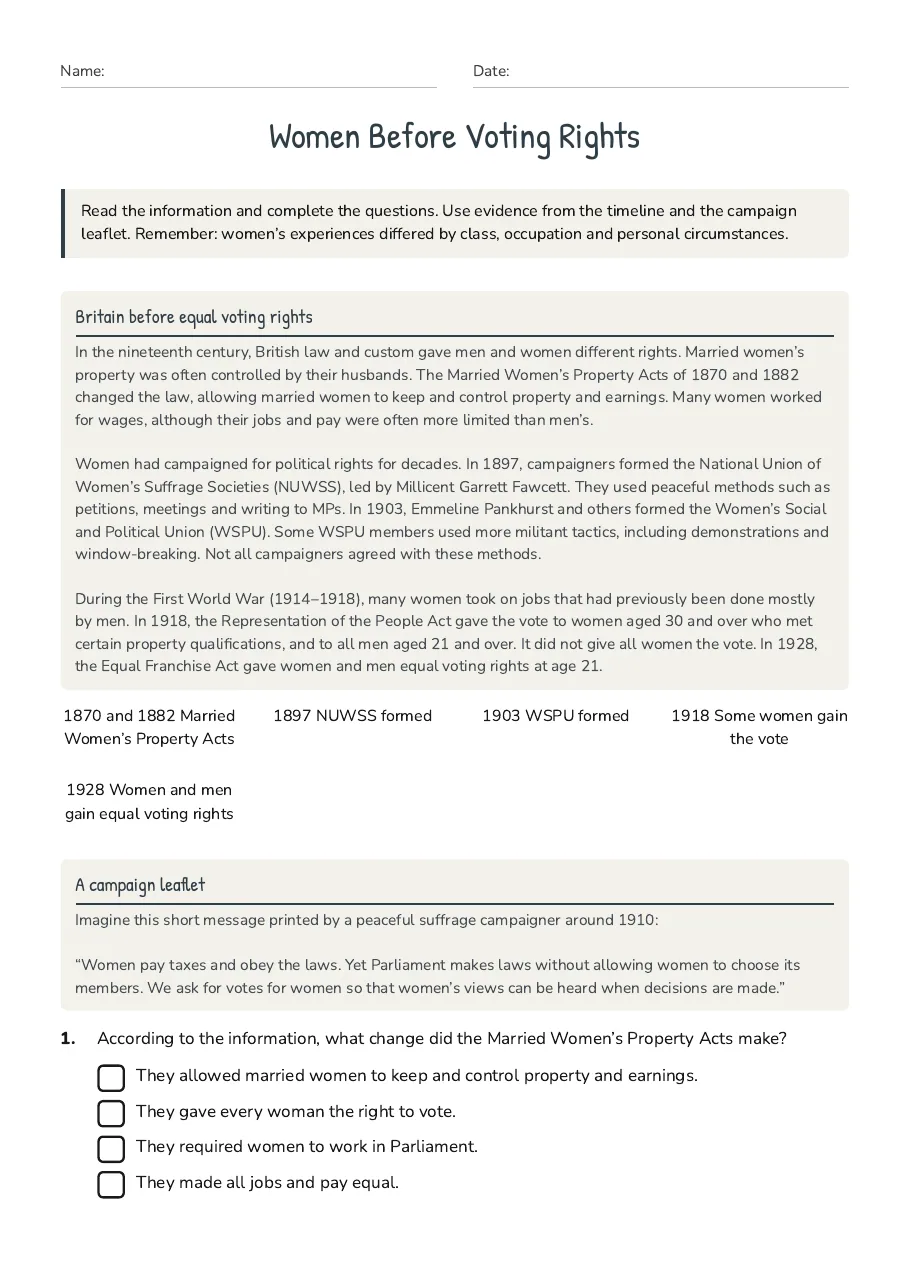 Women Before Voting Rights, page 1 of 3: Britain before equal voting rights, A campaign leaflet