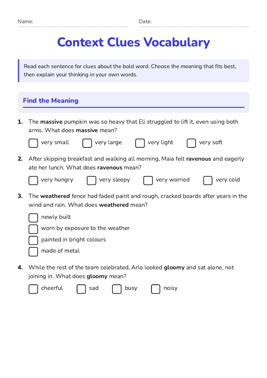 Context Clues Vocabulary, page 1 of 3: Find the Meaning