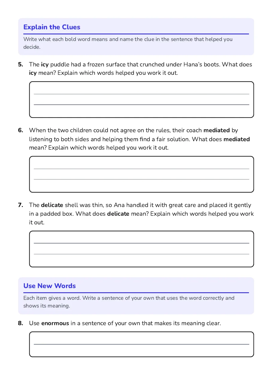 Context Clues Vocabulary, page 2 of 3: Explain the Clues, Use New Words