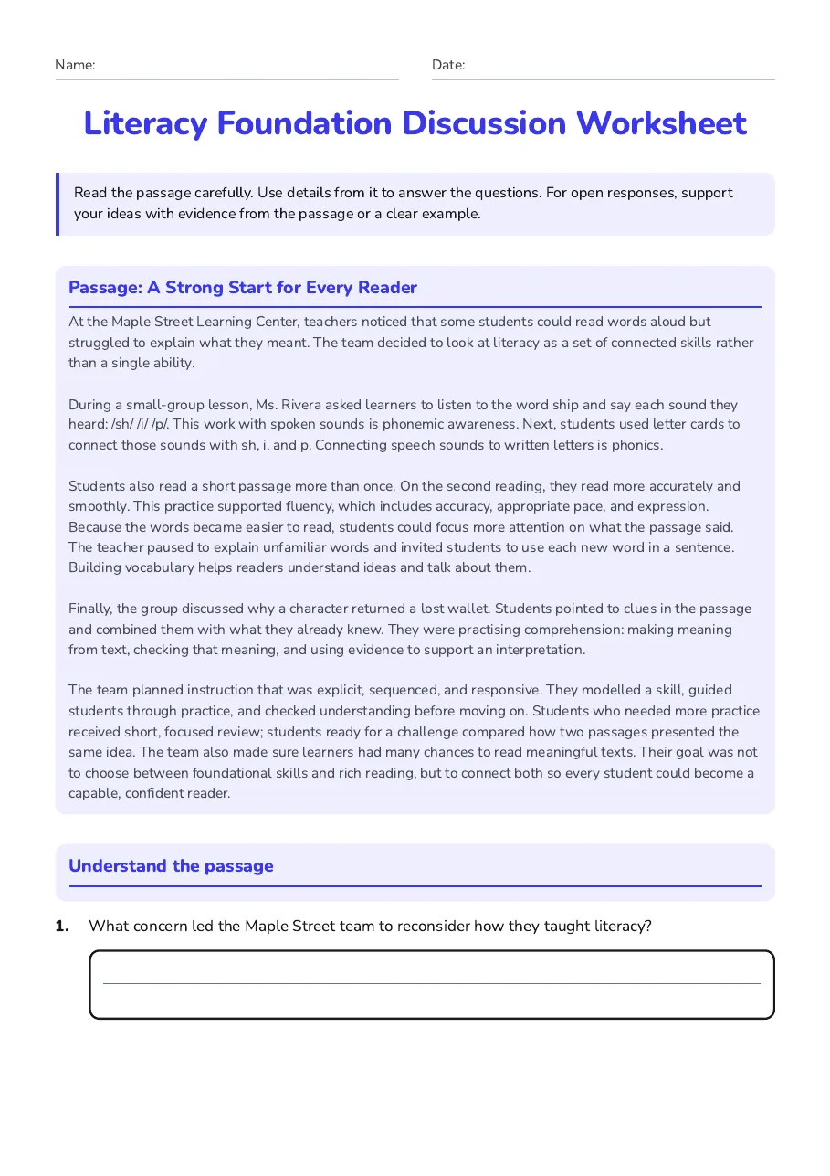Literacy Foundation Discussion Worksheet, page 1 of 3: Passage: A Strong Start for Every Reader, Understand the passage