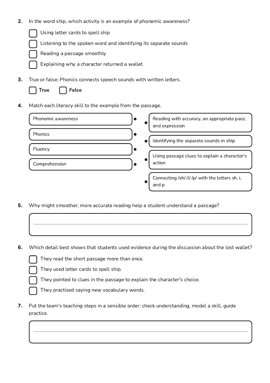 Literacy Foundation Discussion Worksheet, page 2 of 3: 2. In the word ship, which activity is an example of phonemic awareness?
