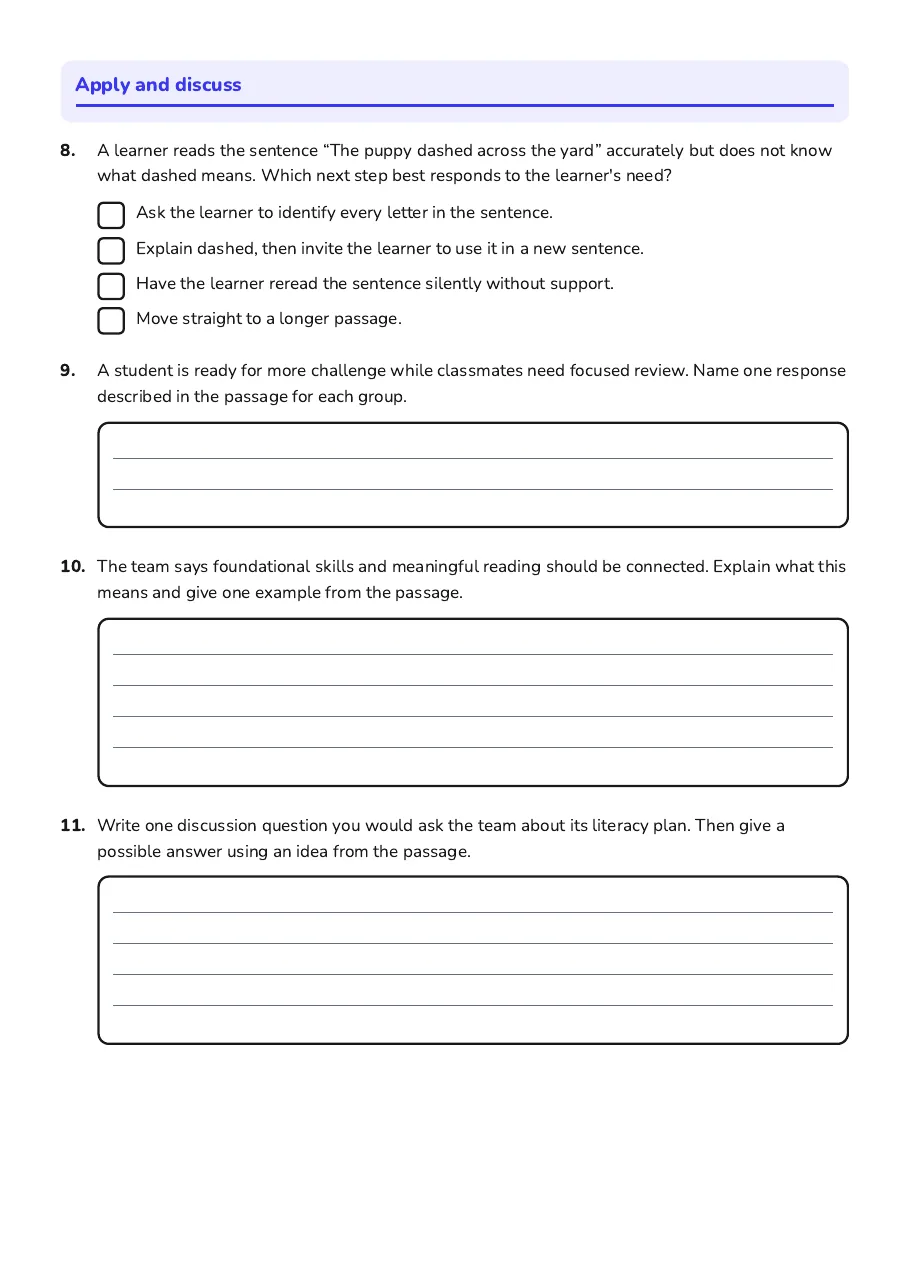 Literacy Foundation Discussion Worksheet, page 3 of 3: Apply and discuss