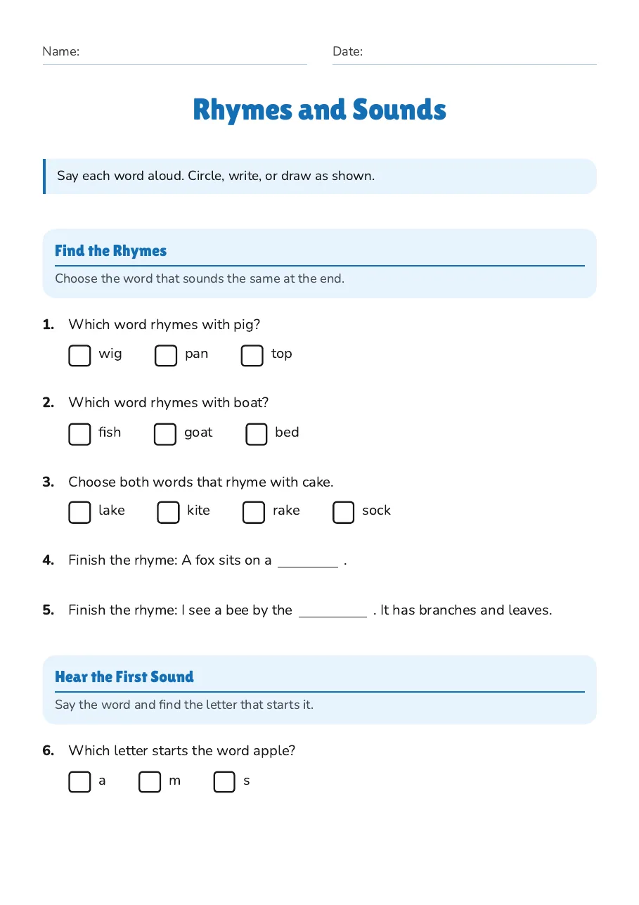 Rhymes and Sounds, page 1 of 3: Find the Rhymes, Hear the First Sound
