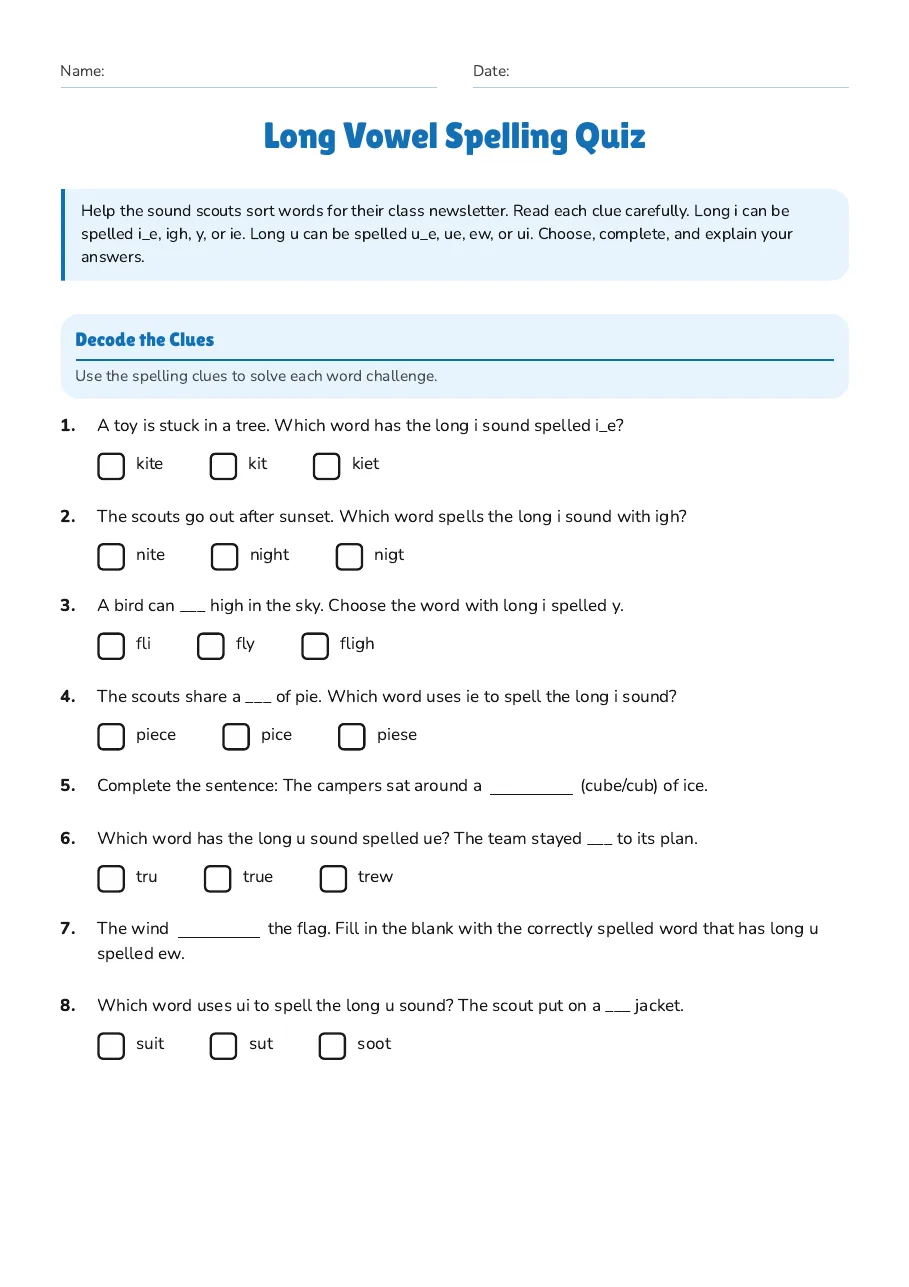 Long Vowel Spelling Quiz, page 1 of 2: Decode the Clues