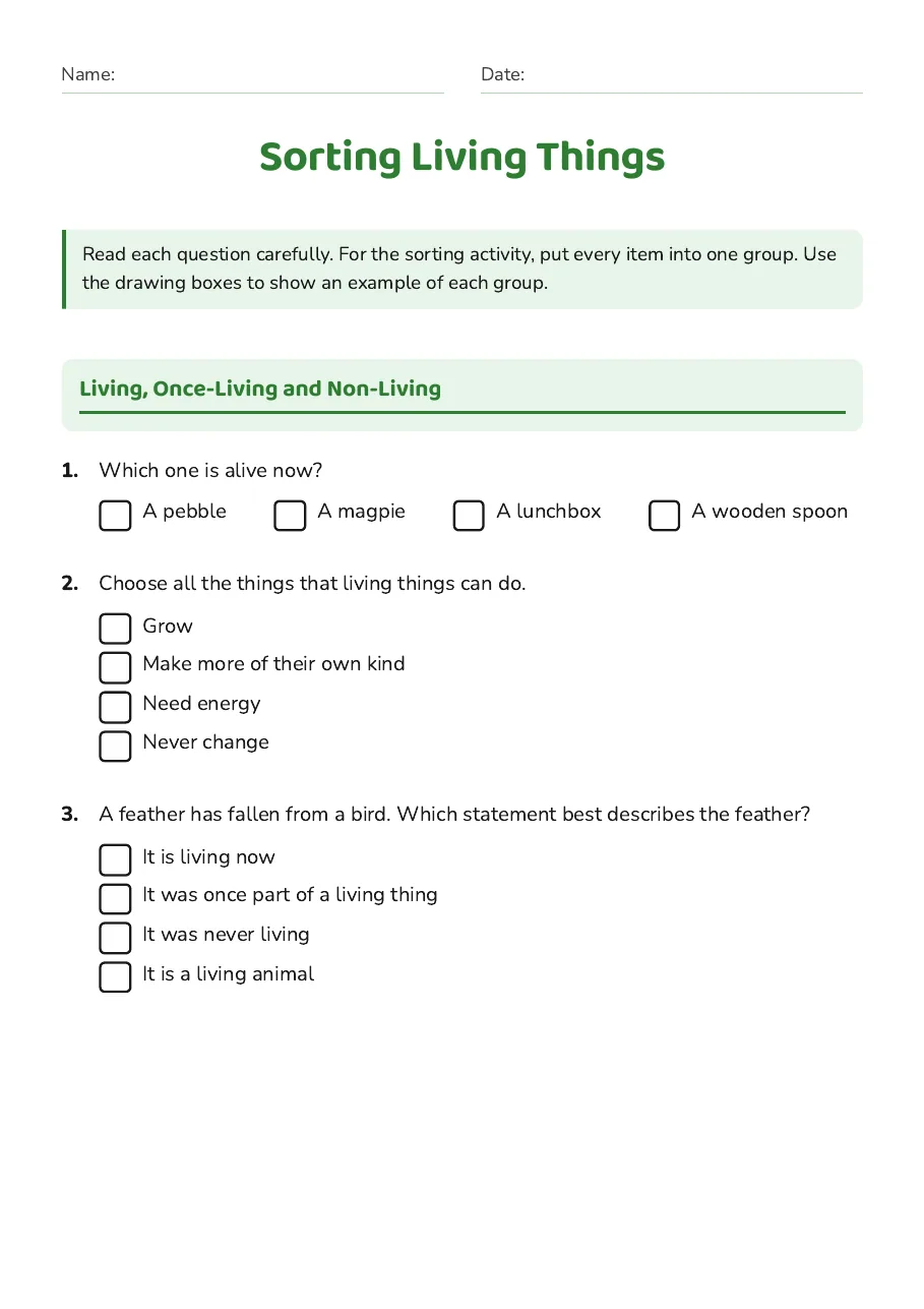 Sorting Living Things, page 1 of 3: Living, Once-Living and Non-Living