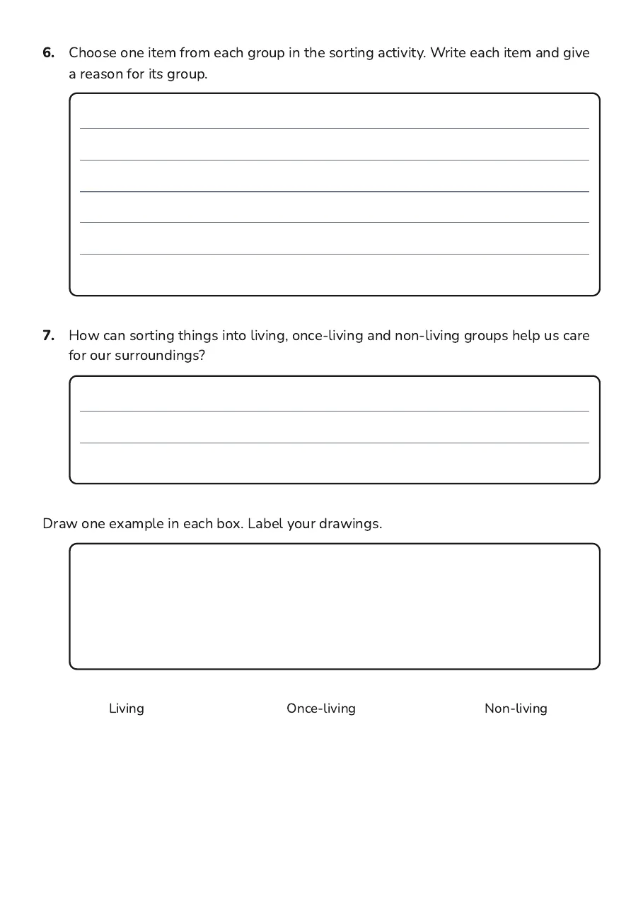 Sorting Living Things, page 3 of 3: 6. Choose one item from each group in the sorting activity. Write each item and give