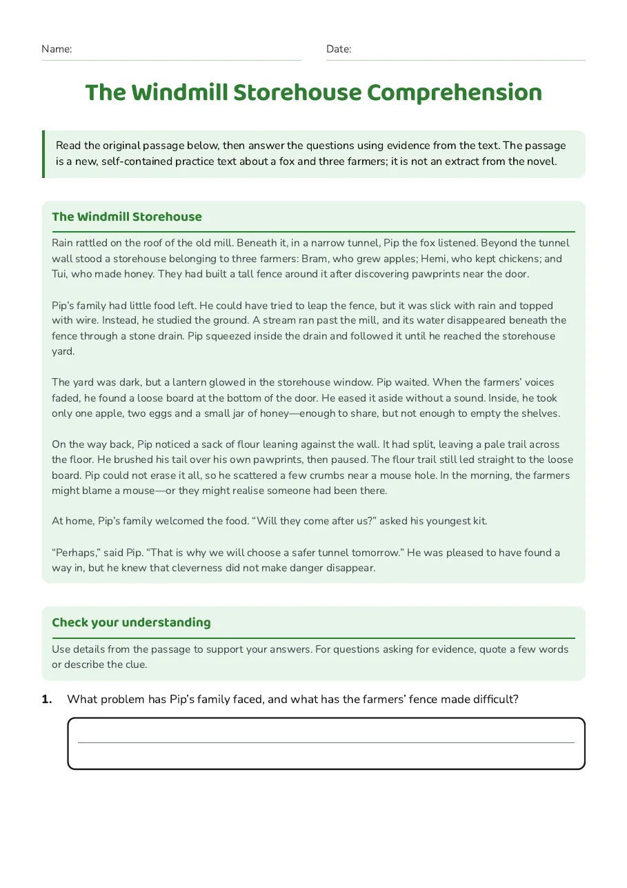 The Windmill Storehouse Comprehension, page 1 of 3: The Windmill Storehouse, Check your understanding