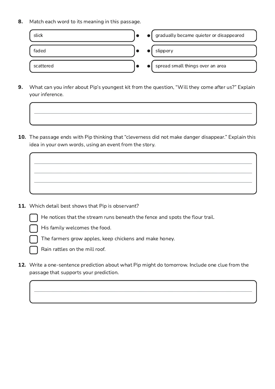 The Windmill Storehouse Comprehension, page 3 of 3: 8. Match each word to its meaning in this passage.