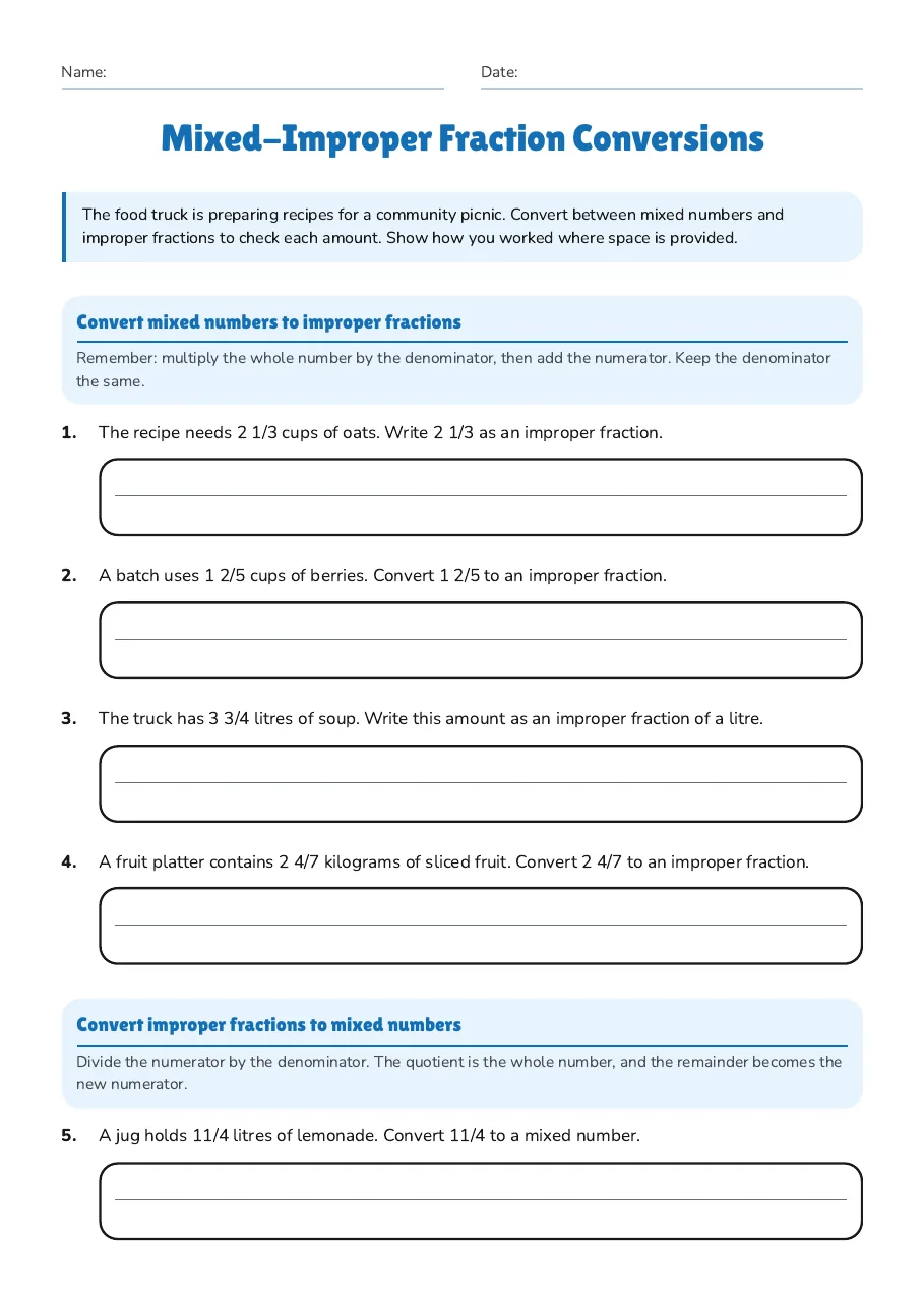 Mixed-Improper Fraction Conversions, page 1 of 2: Convert mixed numbers to improper fractions, Convert improper fractions to mixed numbers