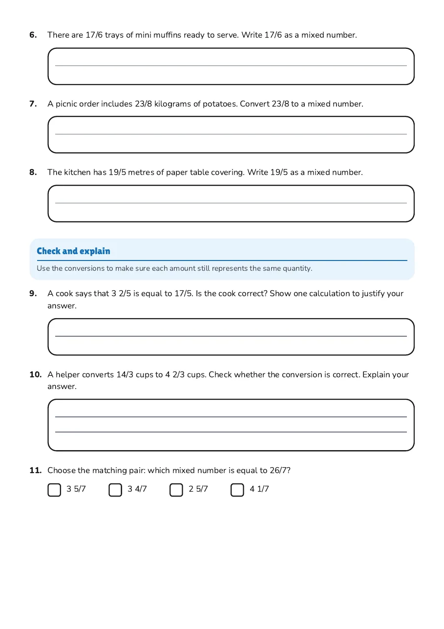 Mixed-Improper Fraction Conversions, page 2 of 2: Check and explain