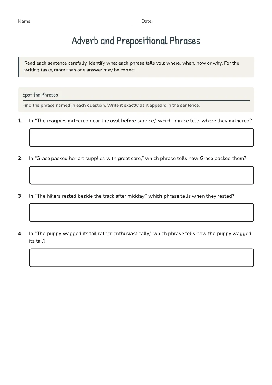Adverb and Prepositional Phrases, page 1 of 4: Spot the Phrases