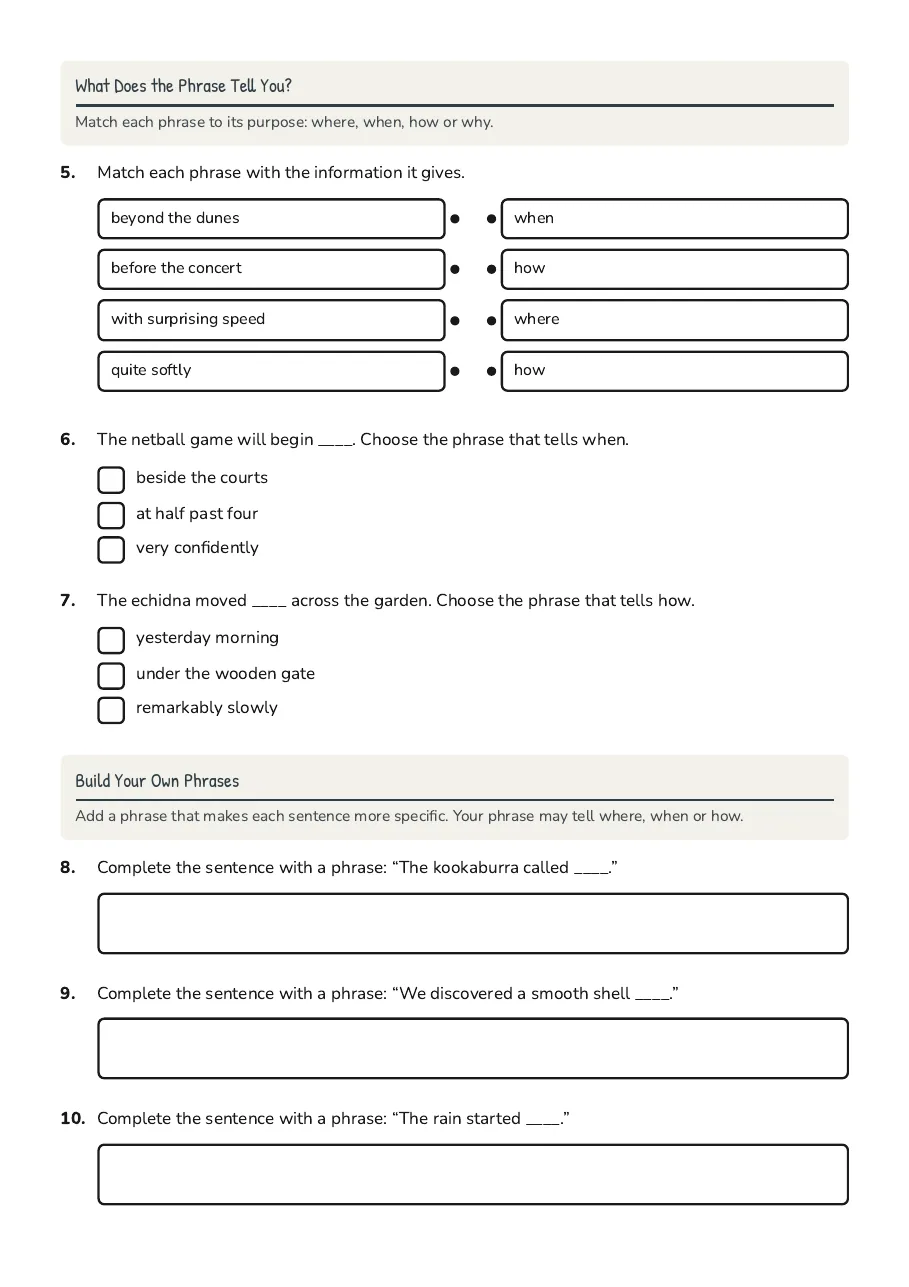 Adverb and Prepositional Phrases, page 2 of 4: What Does the Phrase Tell You?, Build Your Own Phrases