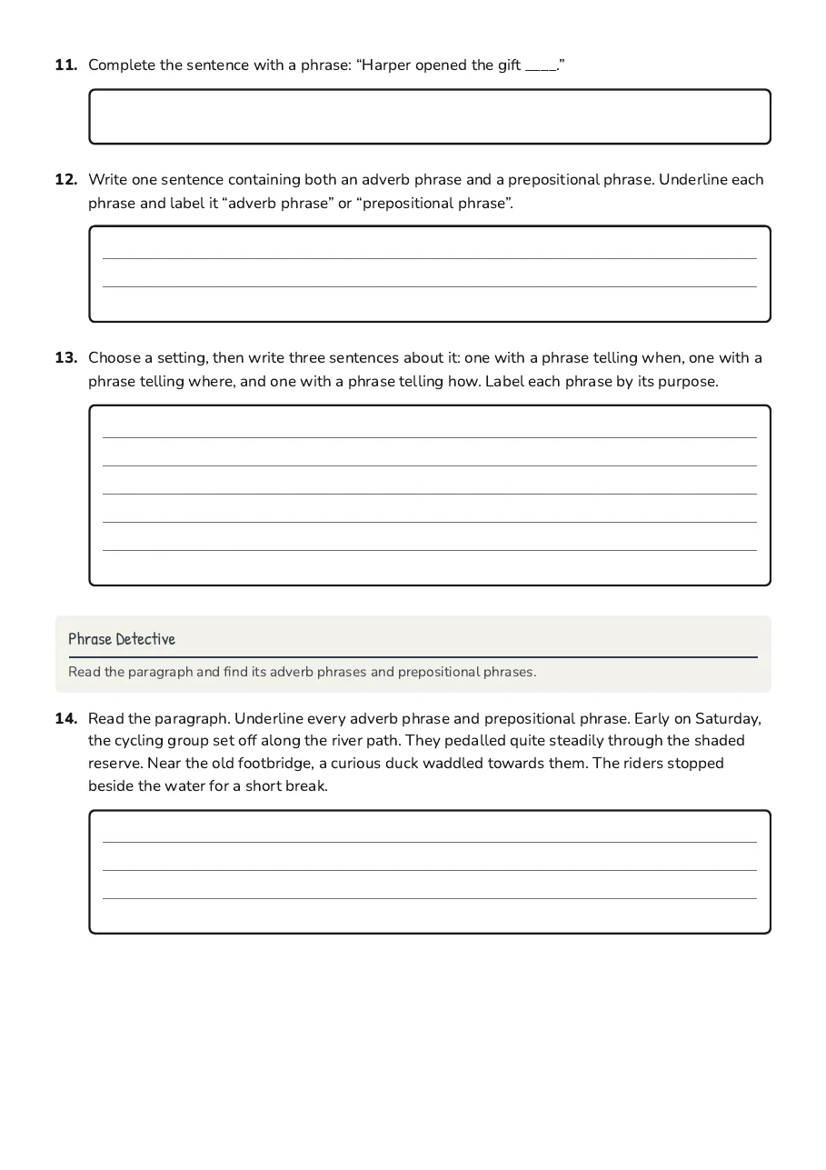 Adverb and Prepositional Phrases, page 3 of 4: Phrase Detective