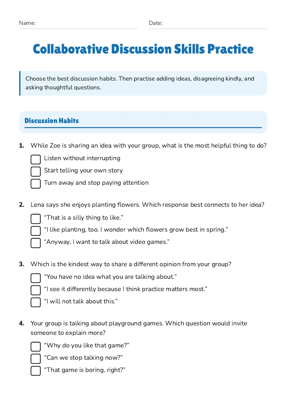 Collaborative Discussion Skills Practice, page 1 of 3: Discussion Habits