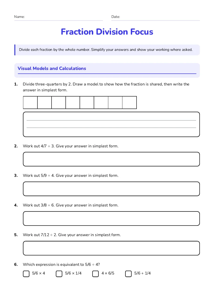 Fraction Division Focus, page 1 of 3: Visual Models and Calculations