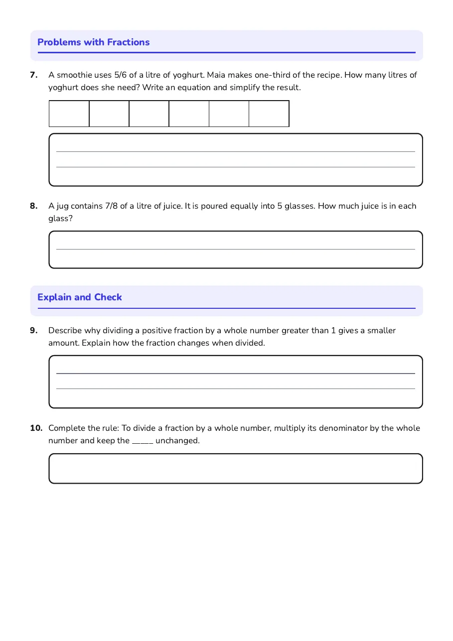 Fraction Division Focus, page 2 of 3: Problems with Fractions, Explain and Check
