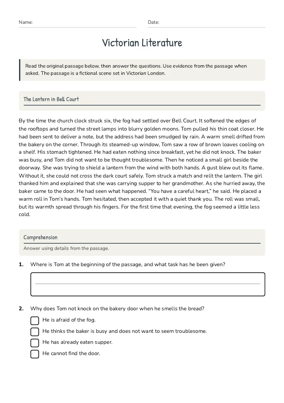 Victorian Literature, page 1 of 3: The Lantern in Bell Court, Comprehension