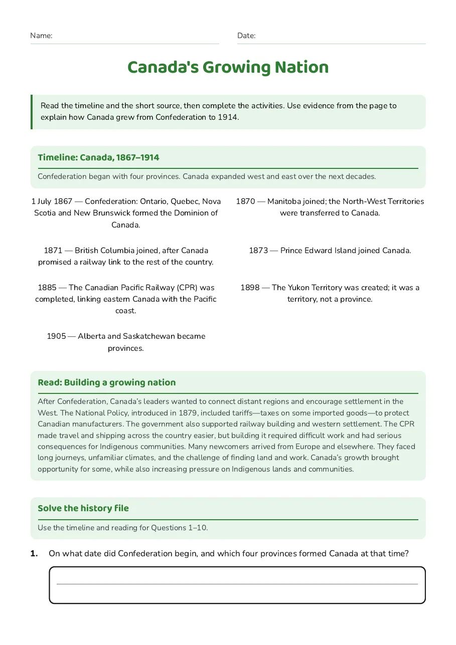 Canada's Growing Nation, page 1 of 3: Timeline: Canada, 1867–1914, Read: Building a growing nation, Solve the history file