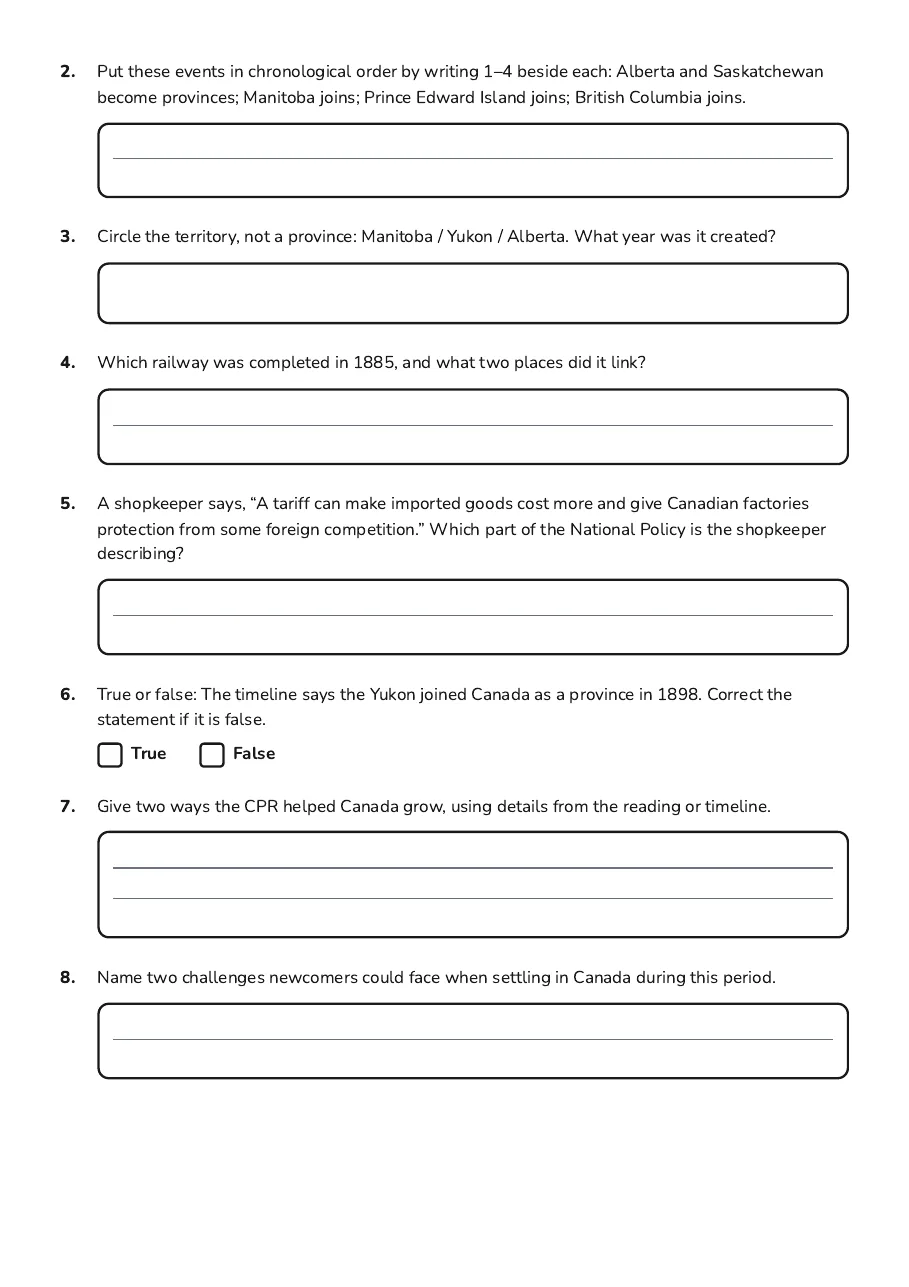 Canada's Growing Nation, page 2 of 3: 2. Put these events in chronological order by writing 1–4 beside each: Alberta and…