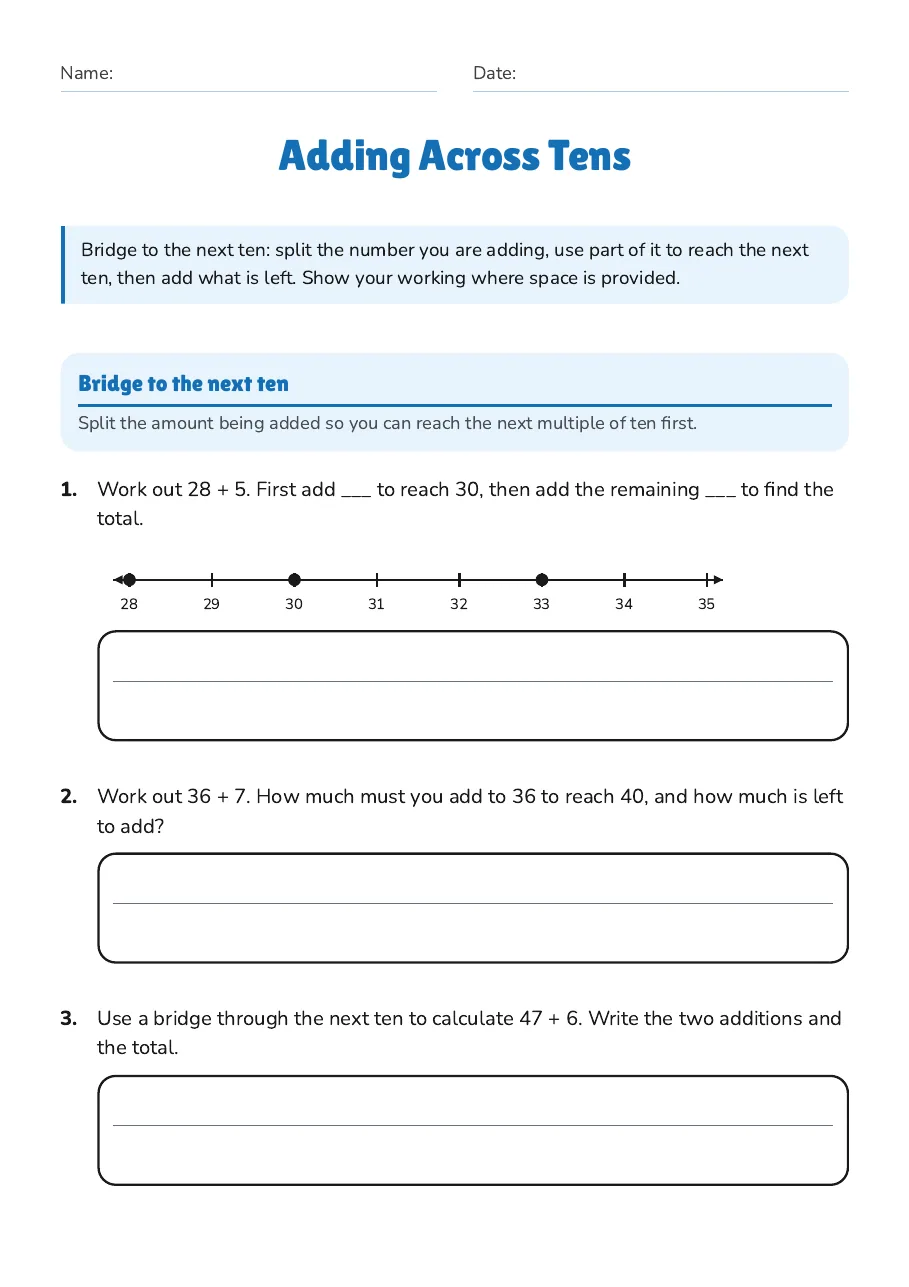 Adding Across Tens, page 1 of 4: Bridge to the next ten