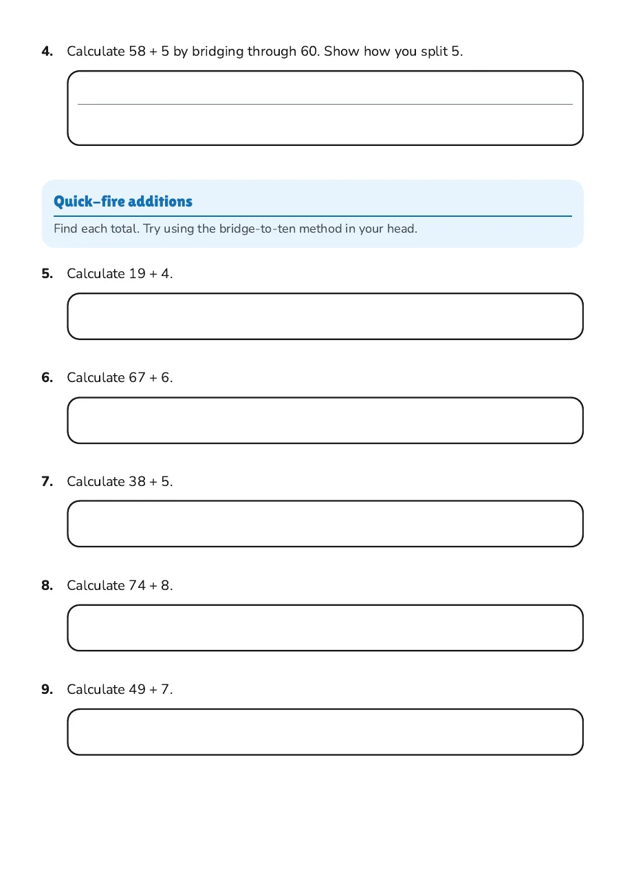 Adding Across Tens, page 2 of 4: Quick-fire additions