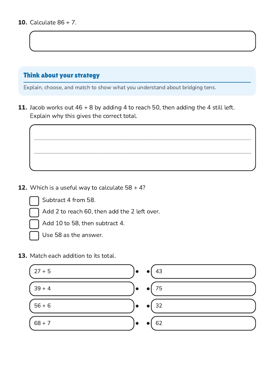 Adding Across Tens, page 3 of 4: Think about your strategy
