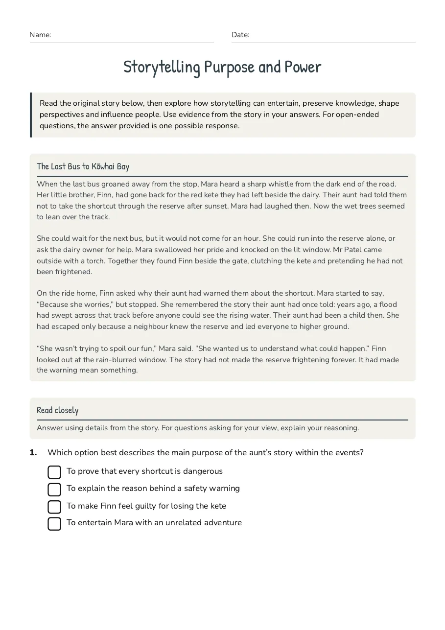 Storytelling Purpose and Power, page 1 of 3: The Last Bus to Kōwhai Bay, Read closely