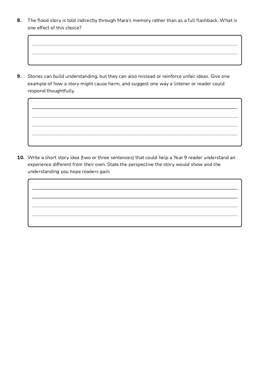 Storytelling Purpose and Power, page 3 of 3: 8. The flood story is told indirectly through Mara’s memory rather than as a full…