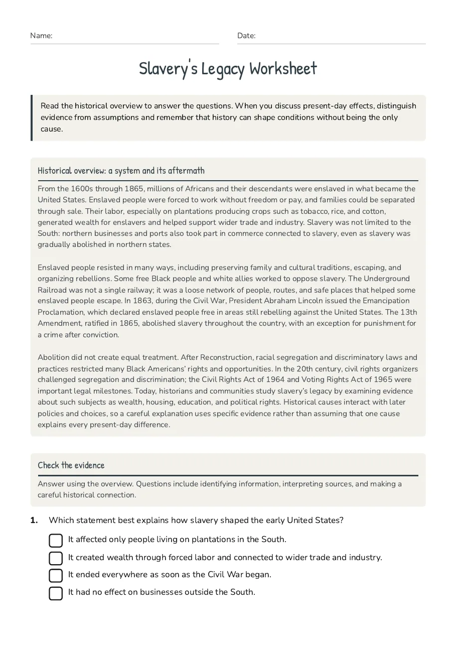 Slavery's Legacy Worksheet, page 1 of 3: Historical overview: a system and its aftermath, Check the evidence