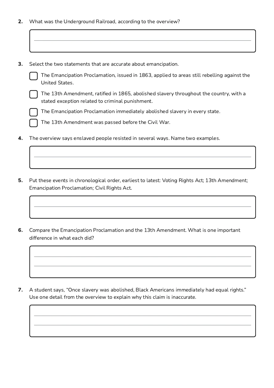 Slavery's Legacy Worksheet, page 2 of 3: 2. What was the Underground Railroad, according to the overview?