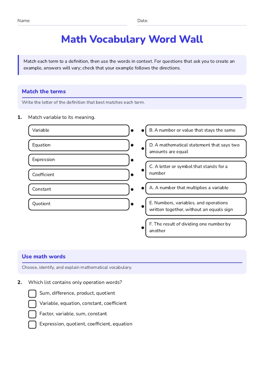 Math Vocabulary Word Wall, page 1 of 3: Match the terms, Use math words