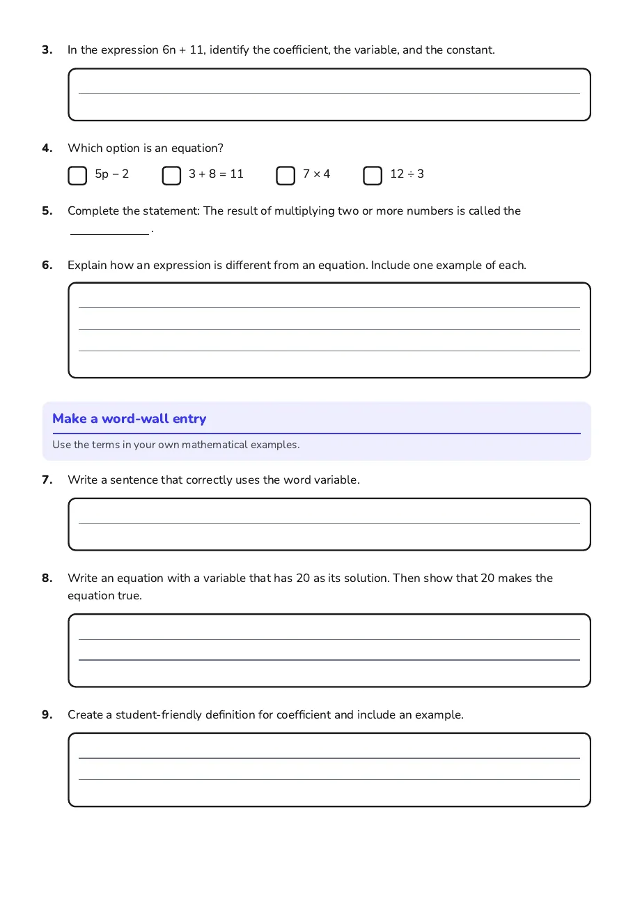 Math Vocabulary Word Wall, page 2 of 3: Make a word-wall entry
