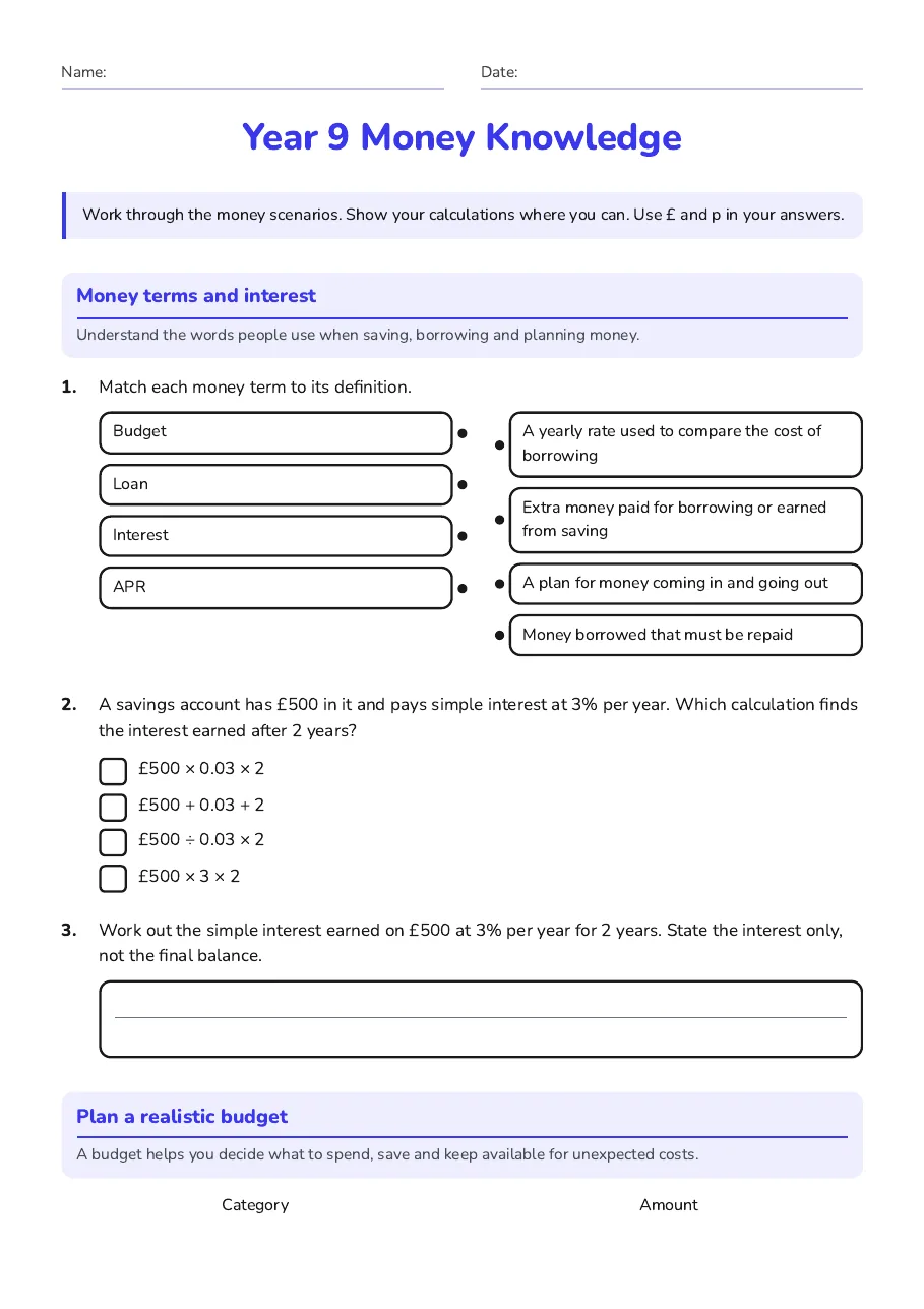 Year 9 Money Knowledge, page 1 of 3: Money terms and interest, Plan a realistic budget