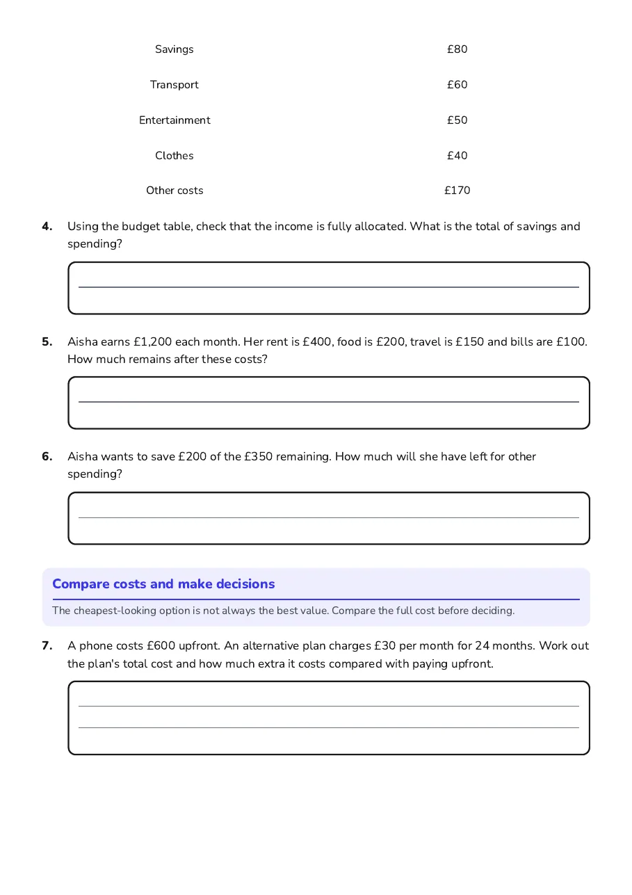 Year 9 Money Knowledge, page 2 of 3: Compare costs and make decisions