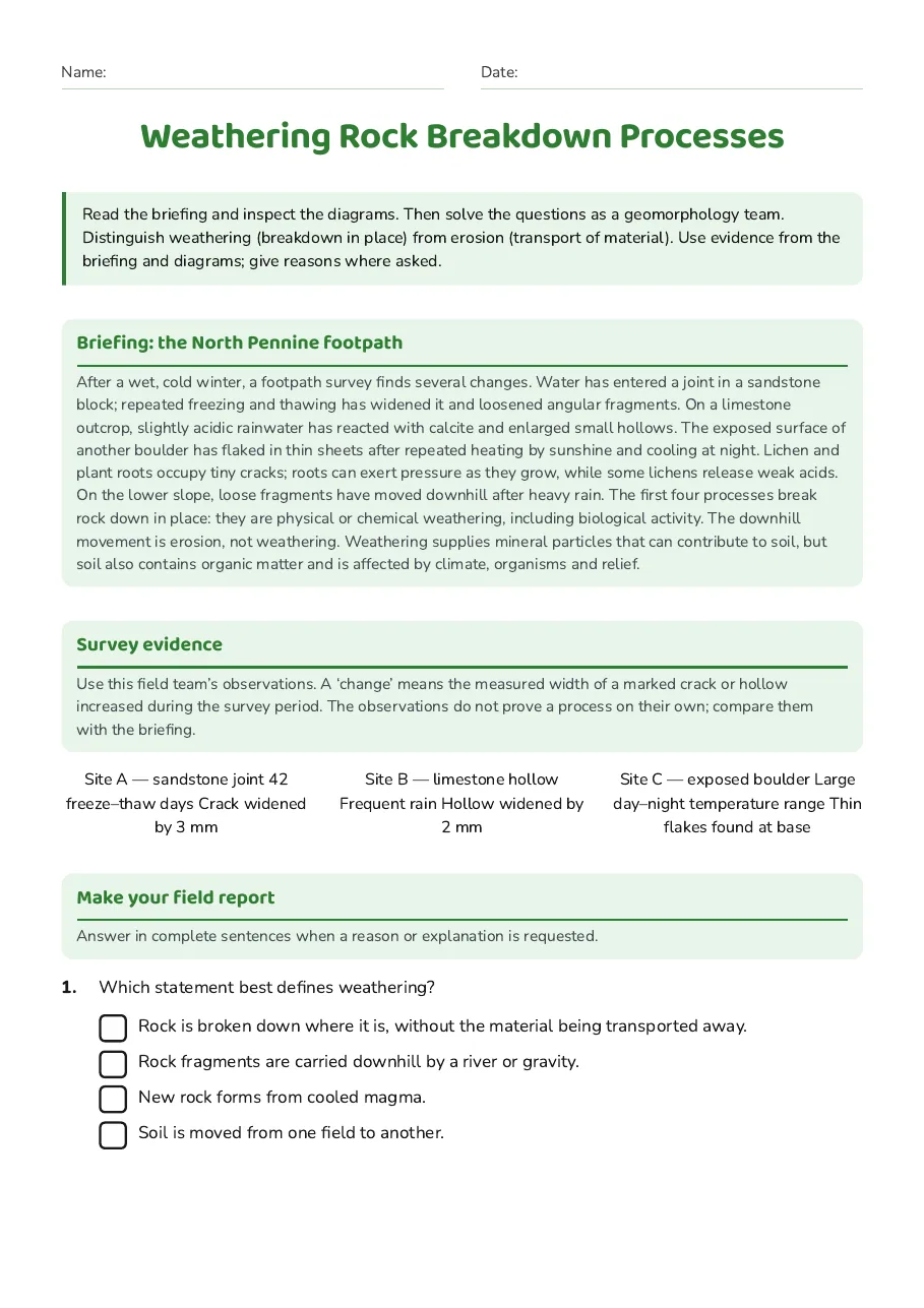 Weathering Rock Breakdown Processes, page 1 of 3: Briefing: the North Pennine footpath, Survey evidence, Make your field report